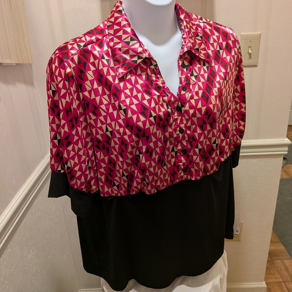 Lane Bryant Pink and Black Geometric Button Down Shirt